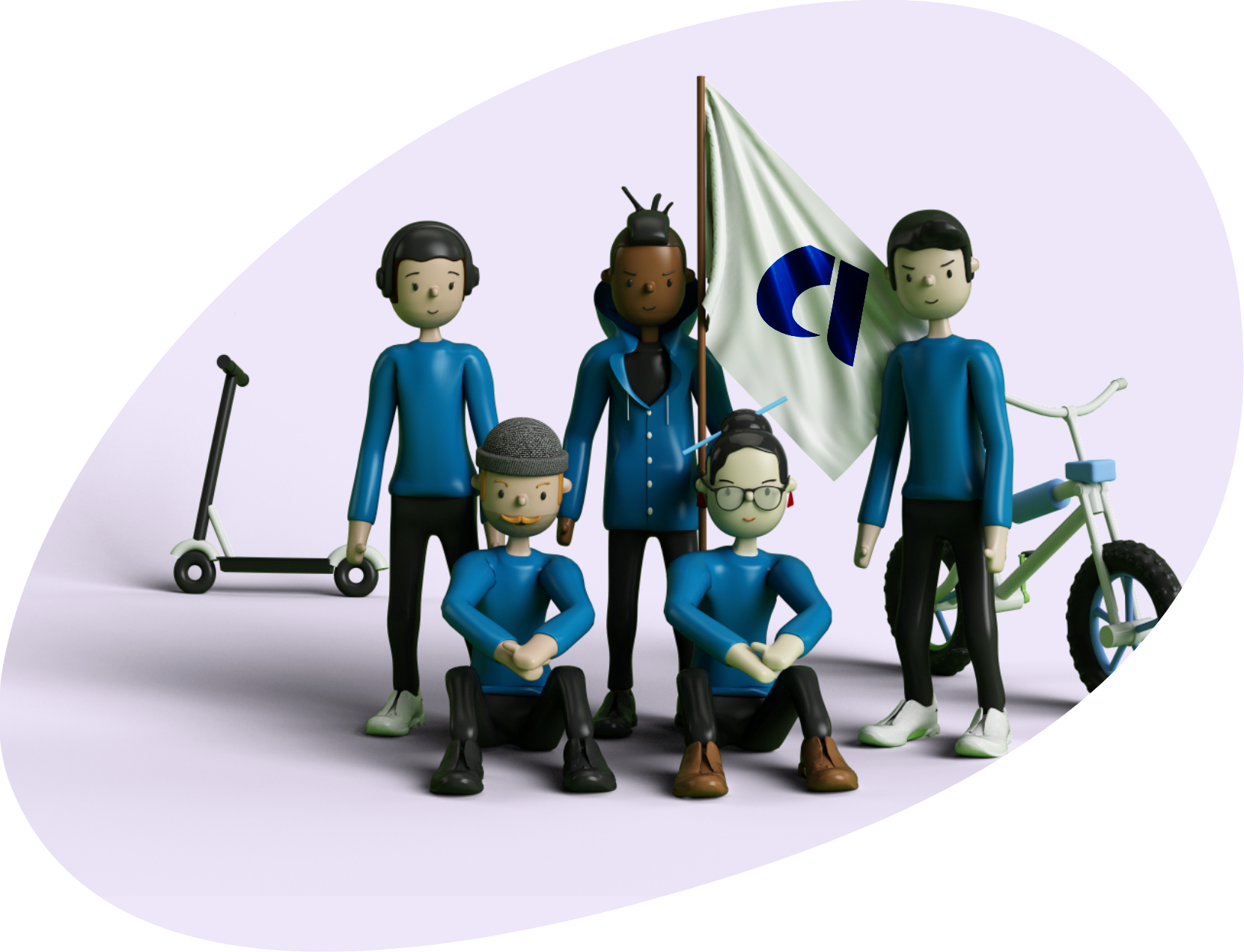 Render di un gruppo di avatar 3D di MUV con la bandiera di INAIL