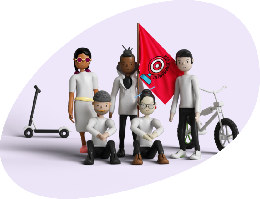 Render di un gruppo di avatar 3D di MUV con la bandiera di MOB