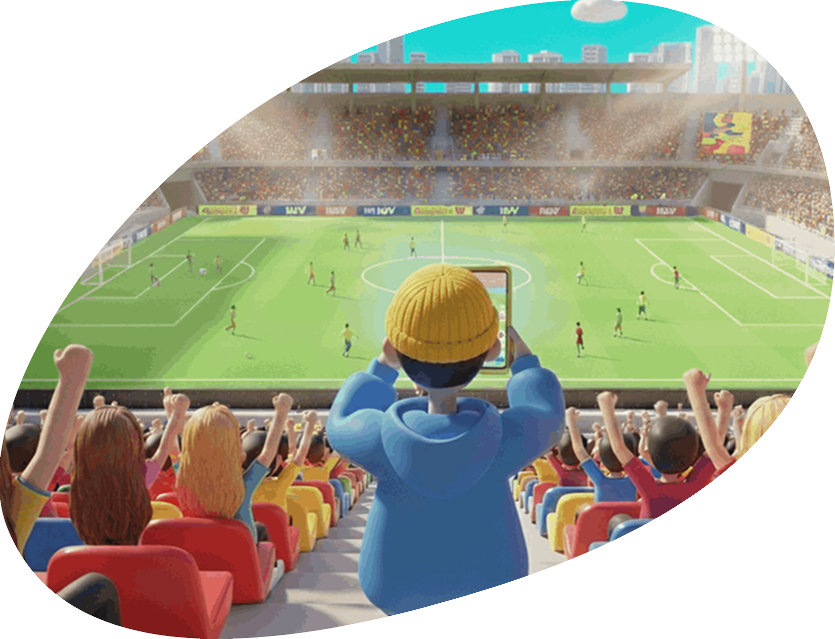 Render di un gruppo di avatar 3D di MUV con la bandiera di MOB